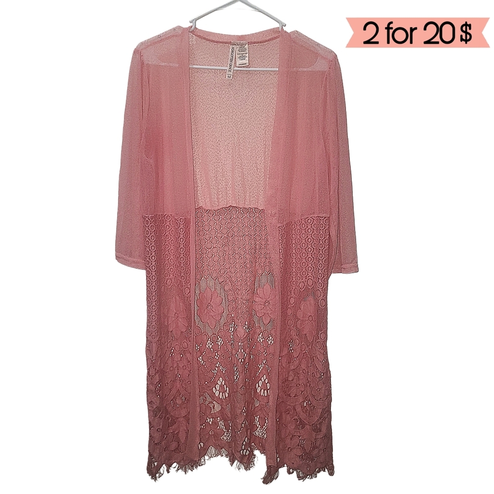 Forgotten Grace | Coral Pink Open Front Short Sleeve Lace Cardigan - M